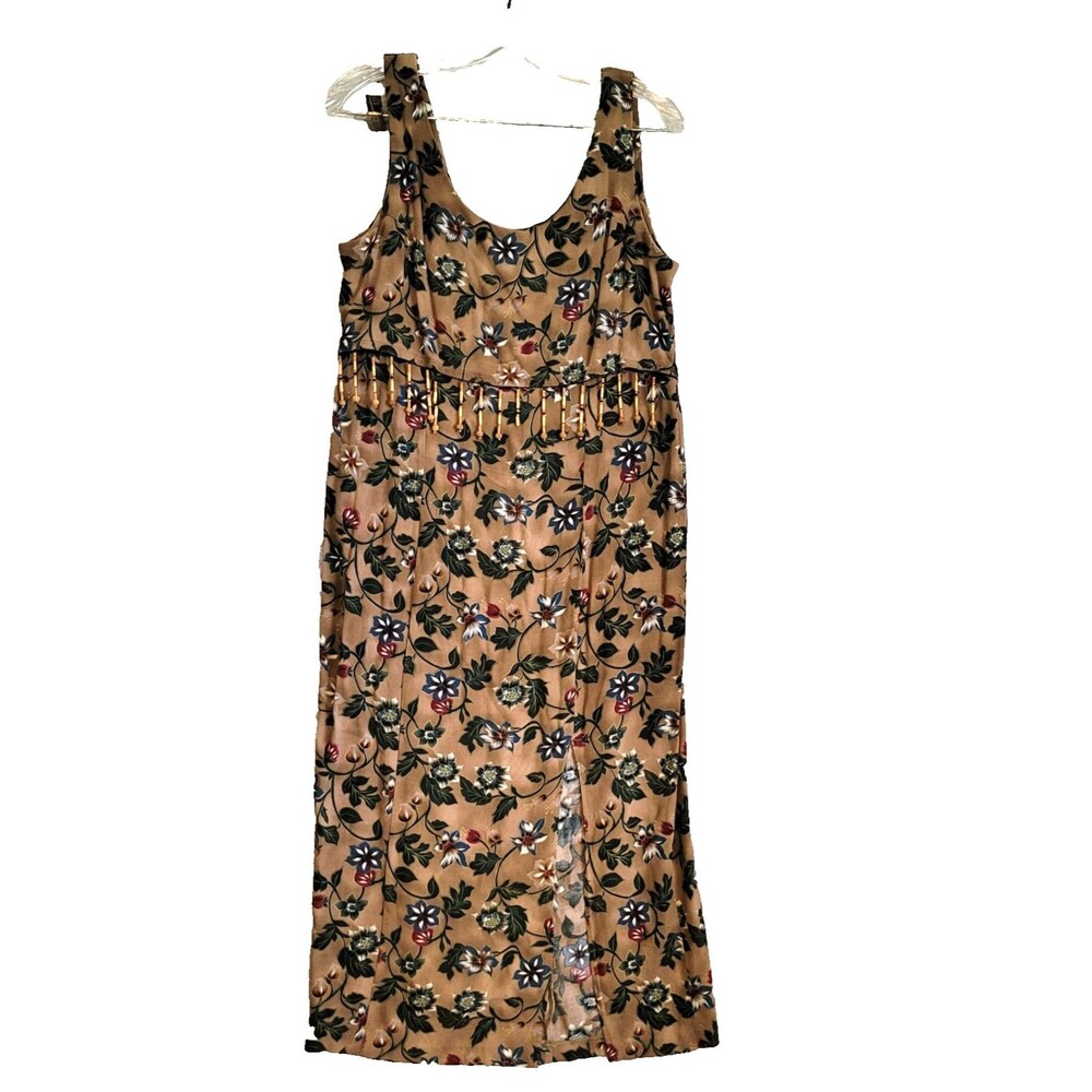 Vintage All That Jazz Midi Dress 12 Brown Y2K Floral Bead Accents Boho